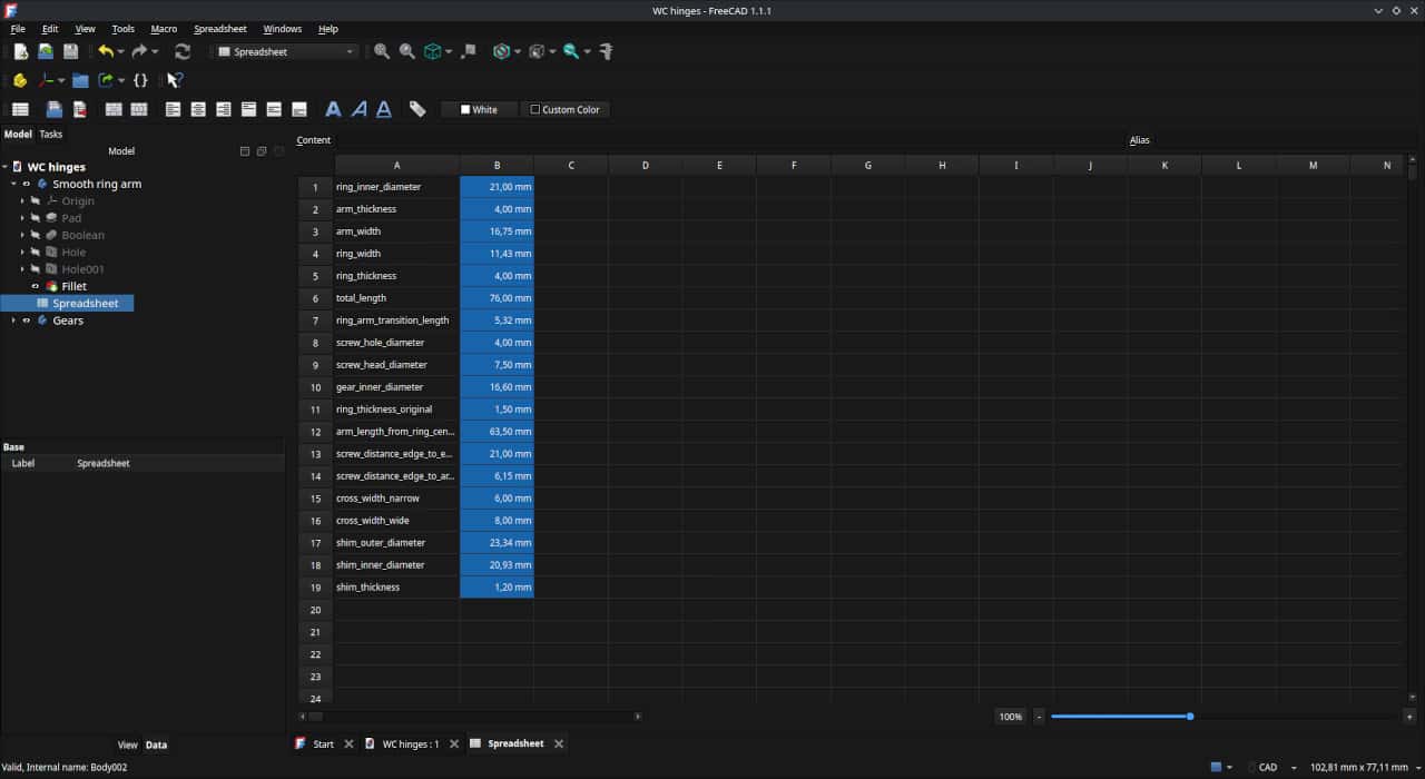 Spreadsheet with the measurements